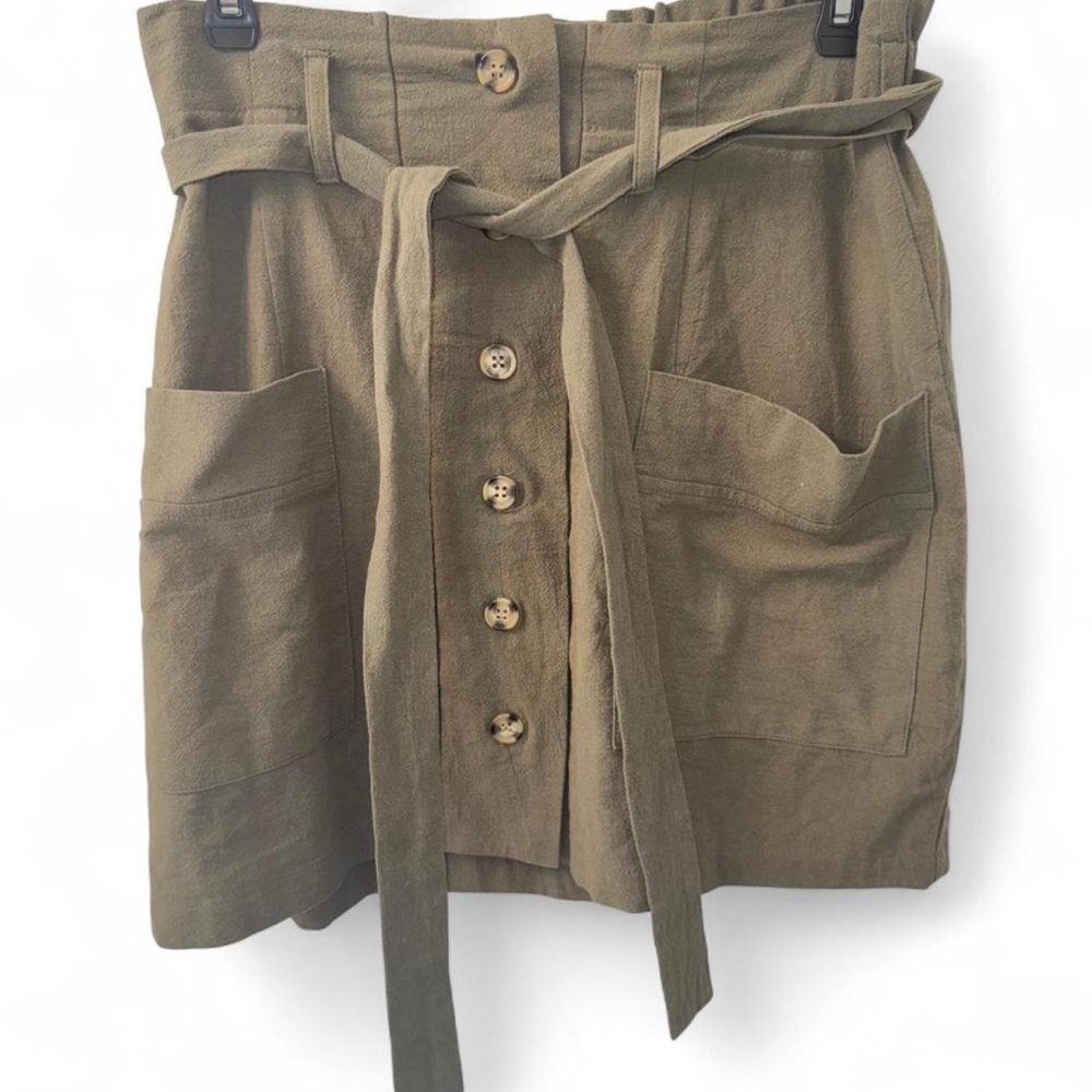 Olive Midi Skirt with Belt and Pockets